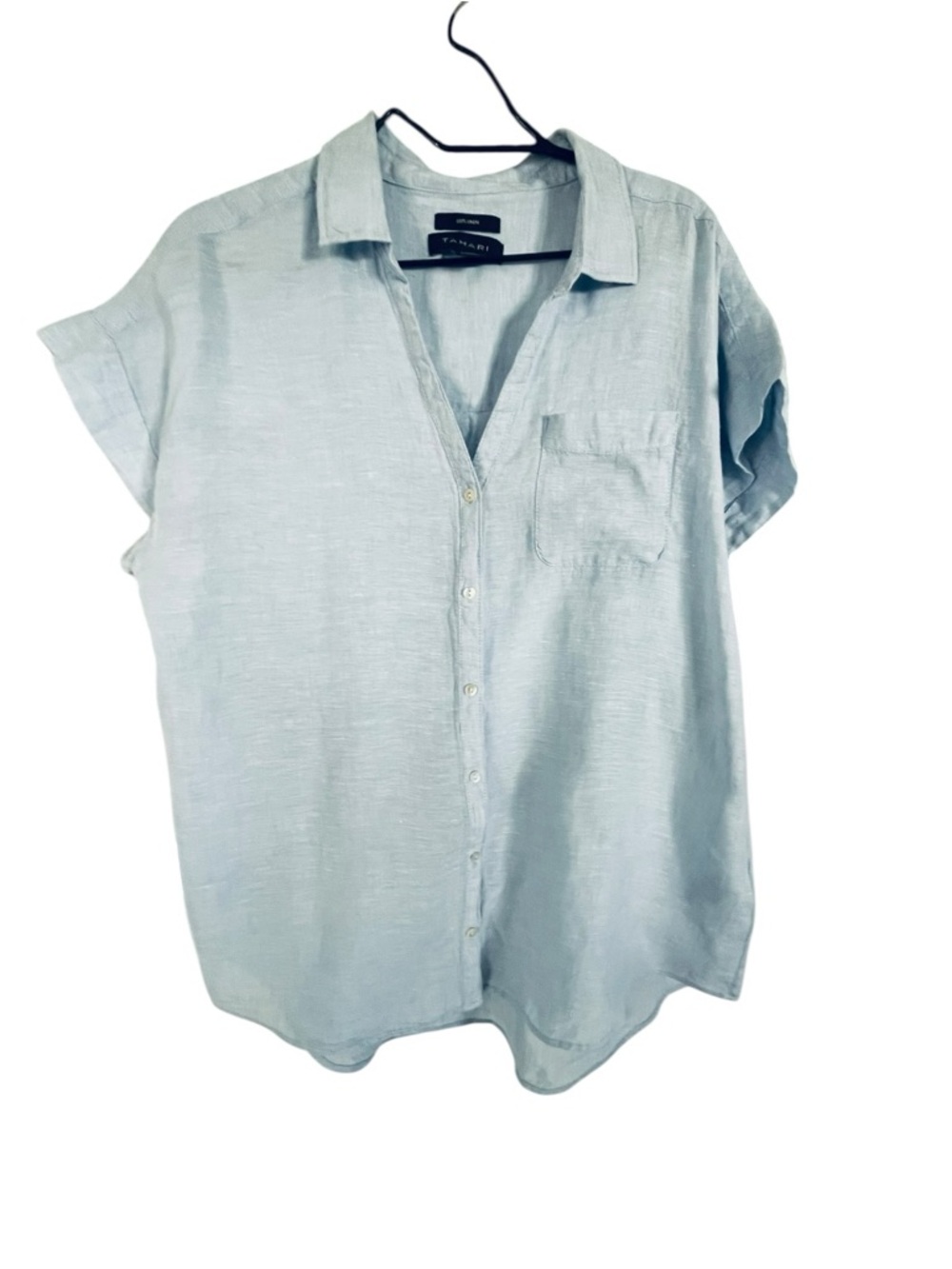 Tahari Oversized Light Blue 100% Linen Cap Sleeve Tunic Shirt